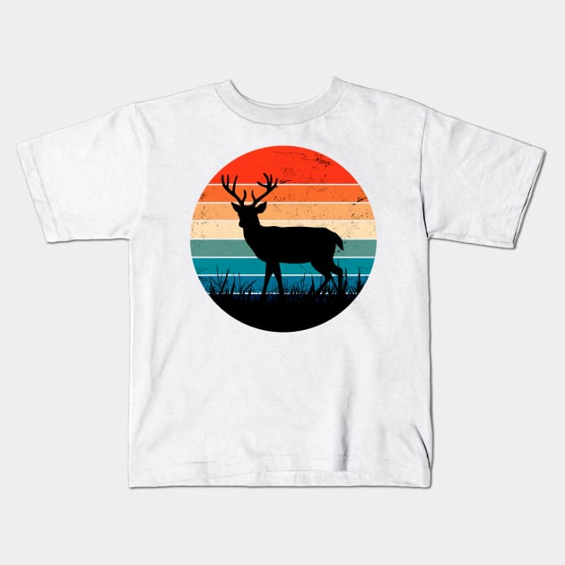 Deer Silhouette Retro Sunset Art Kids T-Shirt by ShopBuzz